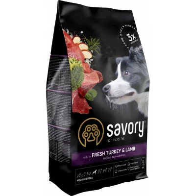 Savory Dog Medium для дорослих собак середніх порід зі свіжою індичкою та ягням